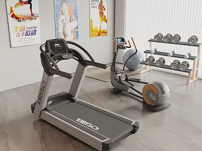 Essential Sports Equipment in Home Gym with Treadmill Exercise Bike Dumbbells and Fitness Posters 3d model