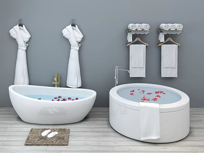 White Bathtubs With Red Petals Bathrobes Towels Slippers And Mat In Bathroom Interior 3d model