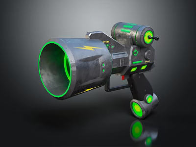 Futuristic Energy Weapon With Green Glowing Barrel Yellow Lightning Symbol And Mechanical Design 3d model