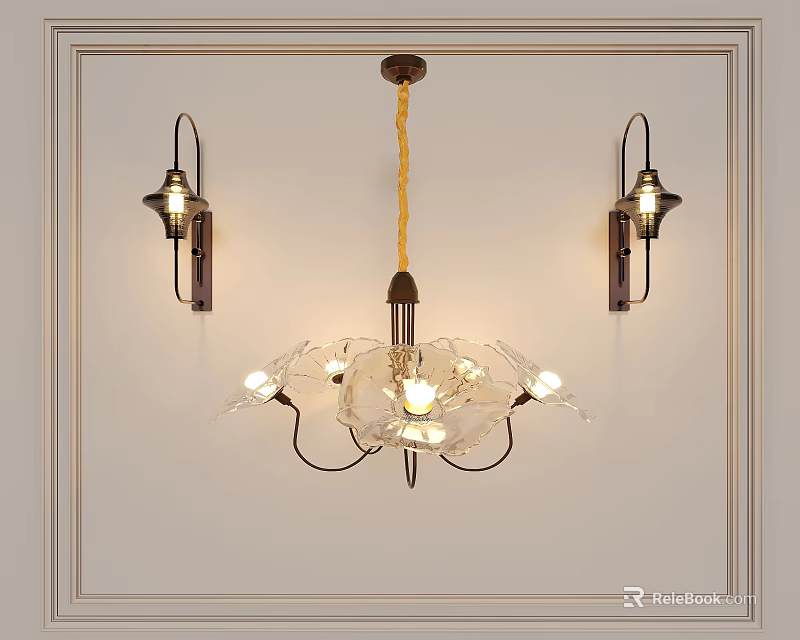 Elegant Glass Chandelier With Multiple Lights And Wall Sconces In White Interior Design 3d model 