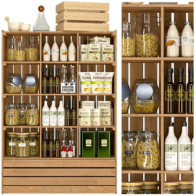 Wooden Wine Cabinet With Organized Bottles And Jars 3d model