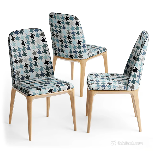 Modern Blue Black Geometric Pattern Dining Chairs With Upholstered Seats And Wooden Legs 3d model 