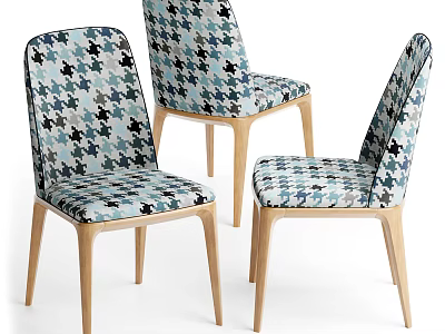 Modern Blue Black Geometric Pattern Dining Chairs With Upholstered Seats And Wooden Legs 3d model