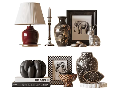 Stylish Decorative Ornament Set With Table Lamp Candle Holder Vase Picture Frame And Animal Figurines 3d model