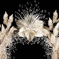 Golden Feather Like Flower Ornamental Decor Set With Small Particle Embellishments On Black Background