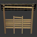 Outdoor Wooden Garden Structure With Sloped Green Roof And Support Frames