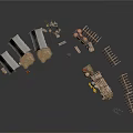 Rustic Campsite Scene With Tents Wooden Fences And Simple Huts