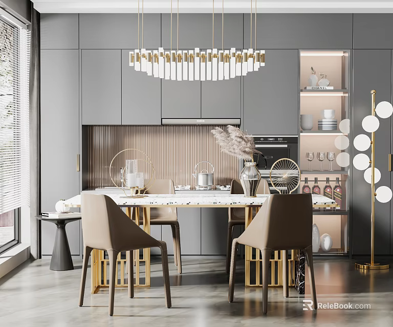 Elegant Modern Restaurant Interior With Marble Dining Table And Gold Accent Decor 3d model