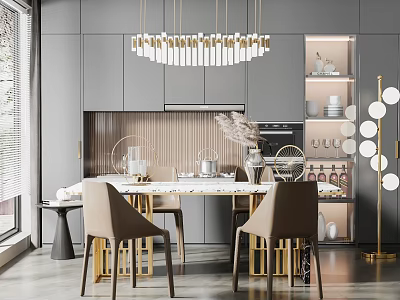 Elegant Modern Restaurant Interior With Marble Dining Table And Gold Accent Decor 3d model