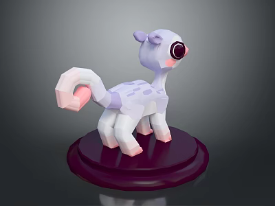 Cartoon Animal Figurine With Big Eyes Purple White Body Pink Tail On Maroon Base 3d model