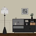 Modern Interior With Floor Lamp Decorative Artwork Cabinet And Vase On Wooden Floor