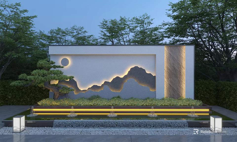 Contemporary Garden Wall Featuring Moon Mountain Silhouette Stone Texture Green Plants And LED Lights 3d model 