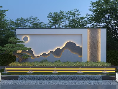 Contemporary Garden Wall Featuring Moon Mountain Silhouette Stone Texture Green Plants And LED Lights 3d model