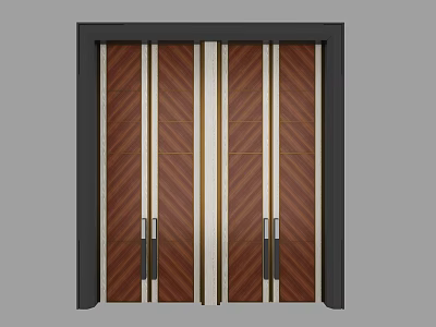 Wooden Double Doors with Chevron Pattern Metal Strips and Black Frame 3d model