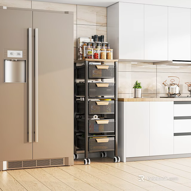 Modern Bathroom Cabinet Rack with Rolling Wheels Storage Drawers and Decorative Plant 3d model 