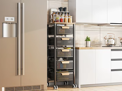 Modern Bathroom Cabinet Rack with Rolling Wheels Storage Drawers and Decorative Plant 3d model