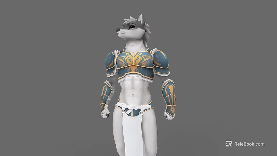 Anthropomorphic Wolf Character In Blue And Gold Armor With Chest Arm Guards And White Skirt 3d model 