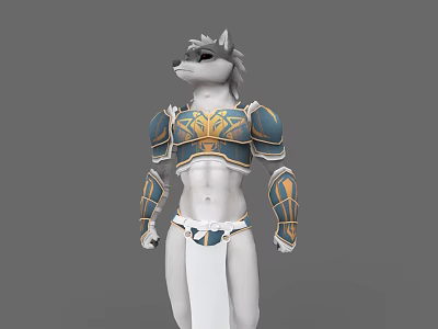 Anthropomorphic Wolf Character In Blue And Gold Armor With Chest Arm Guards And White Skirt 3d model