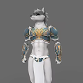 Anthropomorphic Wolf Character In Blue And Gold Armor With Chest Arm Guards And White Skirt