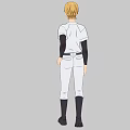 Blonde Man in White Baseball Uniform with Black Long Sleeves Standing Against Gray Background