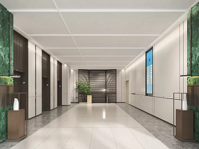 Modern Front Desk Reception Interior Design With Marble Walls Green Plants And Digital Screen 3d model