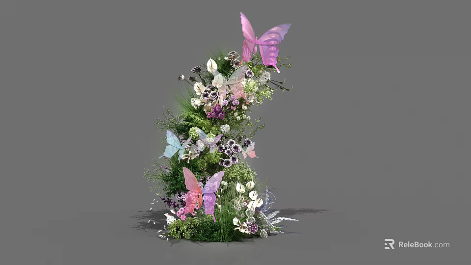 Elegant Floral Display With Pink And Blue Butterflies Fresh Greenery And Colorful Blooms 3d model 