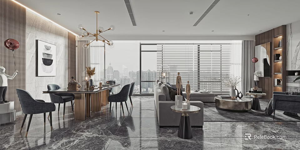 Elegant Modern Dining Living Room Interior With Dining Table Sofa Coffee Table And Floor to Ceiling Windows 3d model