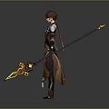 Elaborate Game Movie Character With Brown Orange Robe And Golden Spear Weapon Design