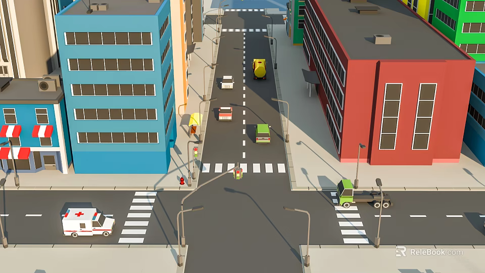 Cartoon City Street Scene With Colorful Buildings Various Vehicles Ambulance Truck And Zebra Crossing 3d model 