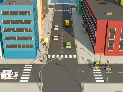 Cartoon City Street Scene With Colorful Buildings Various Vehicles Ambulance Truck And Zebra Crossing 3d model