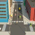 Cartoon City Street Scene With Colorful Buildings Various Vehicles Ambulance Truck And Zebra Crossing