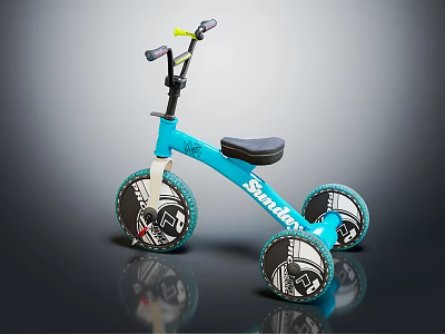 Kids Blue Sunday Tricycle With Black Yellow Handlebars And Astronaut Themed Wheels 3d model