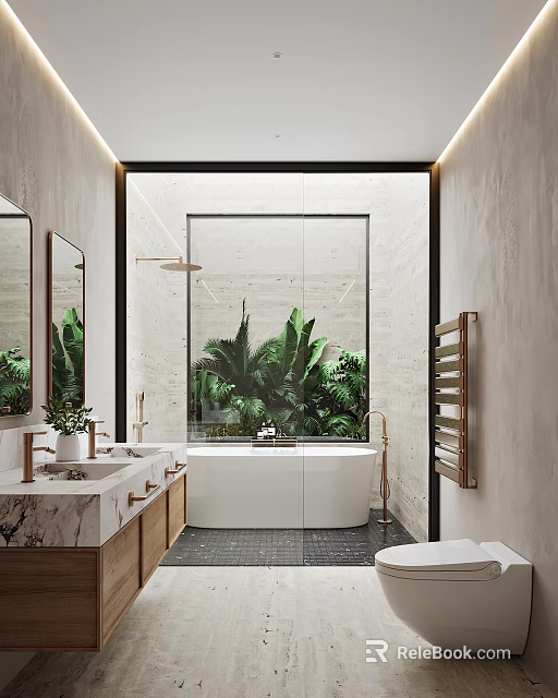 Modern Bathroom Interior Design With Double Sink Marble Countertop Bathtub And Glass Shower Green Plants 3d model 