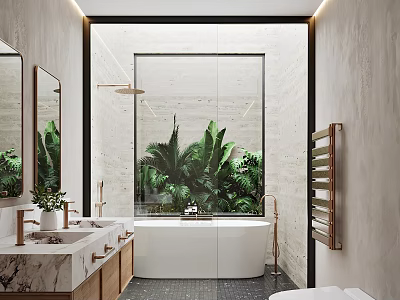 Modern Bathroom Interior Design With Double Sink Marble Countertop Bathtub And Glass Shower Green Plants 3d model