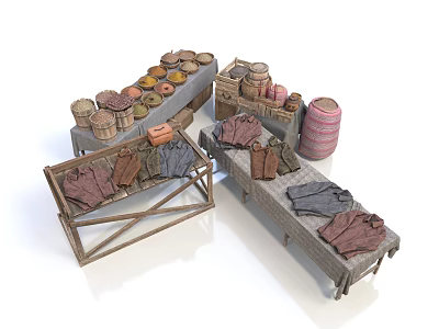 Scenic Outdoor Market with Wooden Stalls Clothing Barrels and Round Goods 3d model