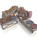 Scenic Outdoor Market with Wooden Stalls Clothing Barrels and Round Goods