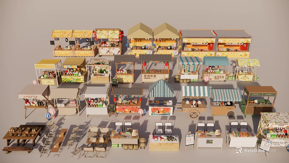 Various Style Market Stalls With Different Canopies And Goods Display Areas 3d model 