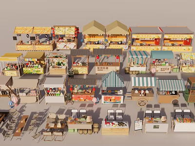 Various Style Market Stalls With Different Canopies And Goods Display Areas 3d model