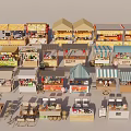 Various Style Market Stalls With Different Canopies And Goods Display Areas