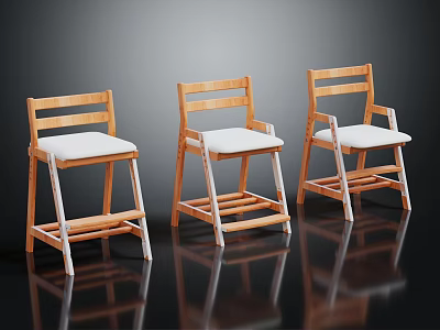 Wooden Chairs With White Cushions Set Of Three For Dining Room 3d model