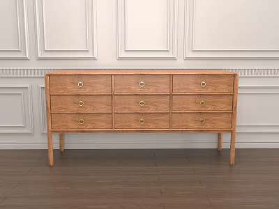 Classic Wooden Sideboard With Multiple Drawers And Brass Knobs In Paneled Room 3d model