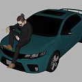 Blue Sports Car With Man Sitting On Hood Using Mobile Phone And Orange Rims