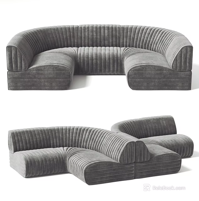 Gray Ribbed Curved Modular Sofa Set With Modern Design For Living Room 3d model 