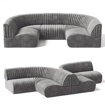 Gray Ribbed Curved Modular Sofa Set With Modern Design For Living Room 3d model