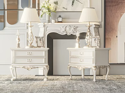 White Carved Bedside Tables With Table Lamps And Photo Frames By Fireplace 3d model