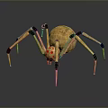 Golden Mechanical Spider Game Movie Character With Spherical Body Red Eyes Metallic Legs Reflective Surface