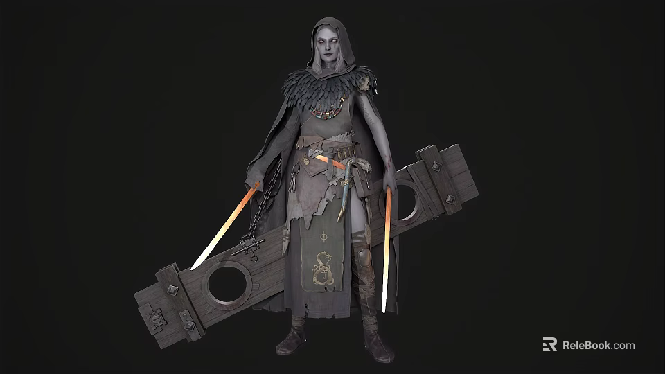 Cloaked Woman In Feathered Cape Carrying Large Wooden Structure And Glowing Blades 3d model 
