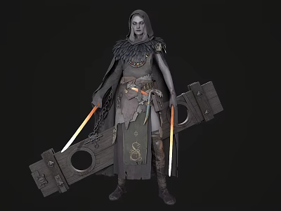 Cloaked Woman In Feathered Cape Carrying Large Wooden Structure And Glowing Blades 3d model