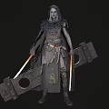 Cloaked Woman In Feathered Cape Carrying Large Wooden Structure And Glowing Blades