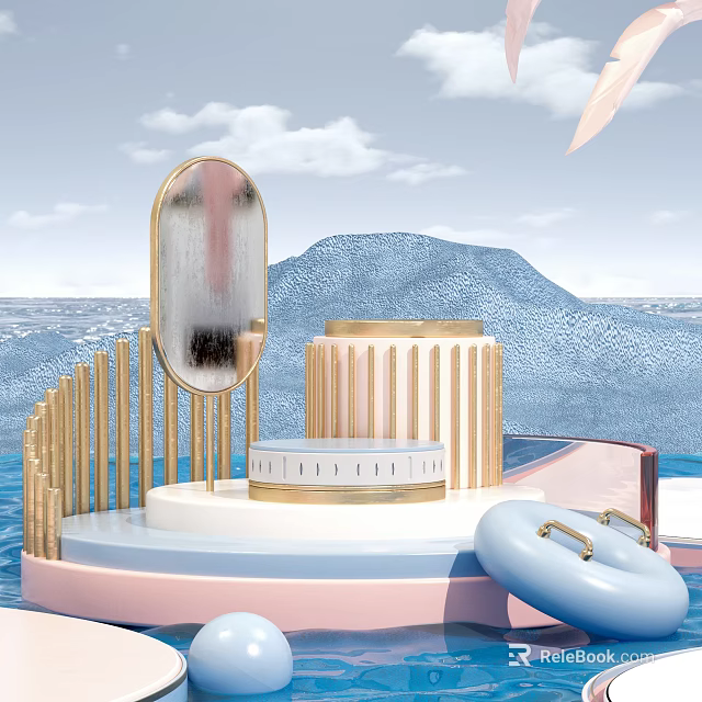 Pink And Blue Display Stand With Golden Accents Oval Mirror Cylindrical Container And Blue Ring 3d model 